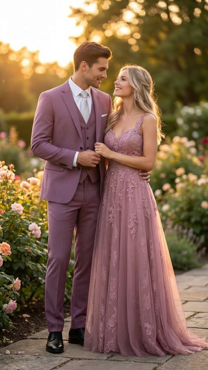 Men's slim-fit mauve three-piece suit: blazer (notch lapel), vest, trousers. Smooth fabric, solid mauve color. Perfect for formal occasions.
