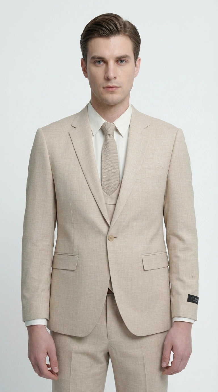Mens Sand Beige 3 Piece Suit – Double breasted Vest Formal Suit Set  and Dress Pants in Champaign Natural Summer Color