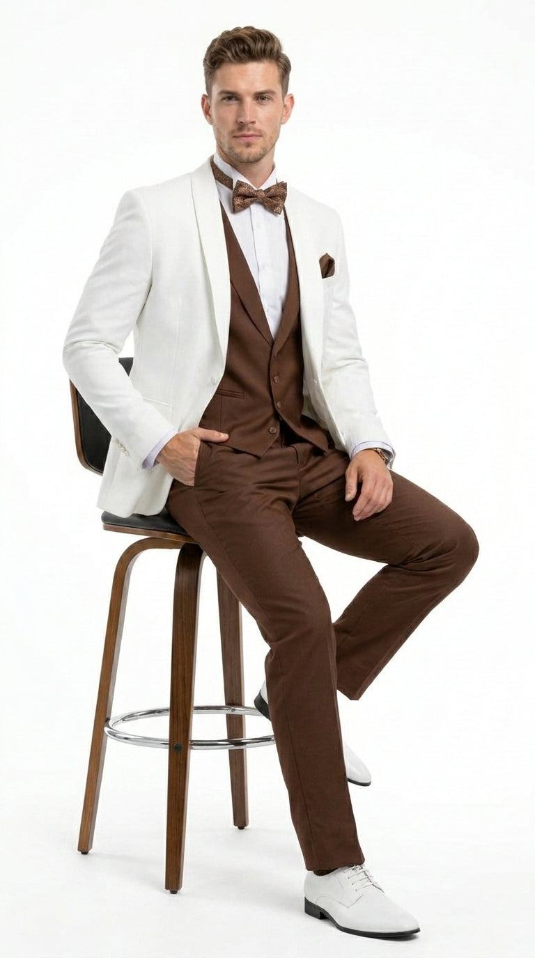 Men’s Ivory and Brown 3 Piece Suit – Elegant White Blazer with Brown Vest and Trousers for Wedding, Prom and Formal Events in off White Cream + Bowtie