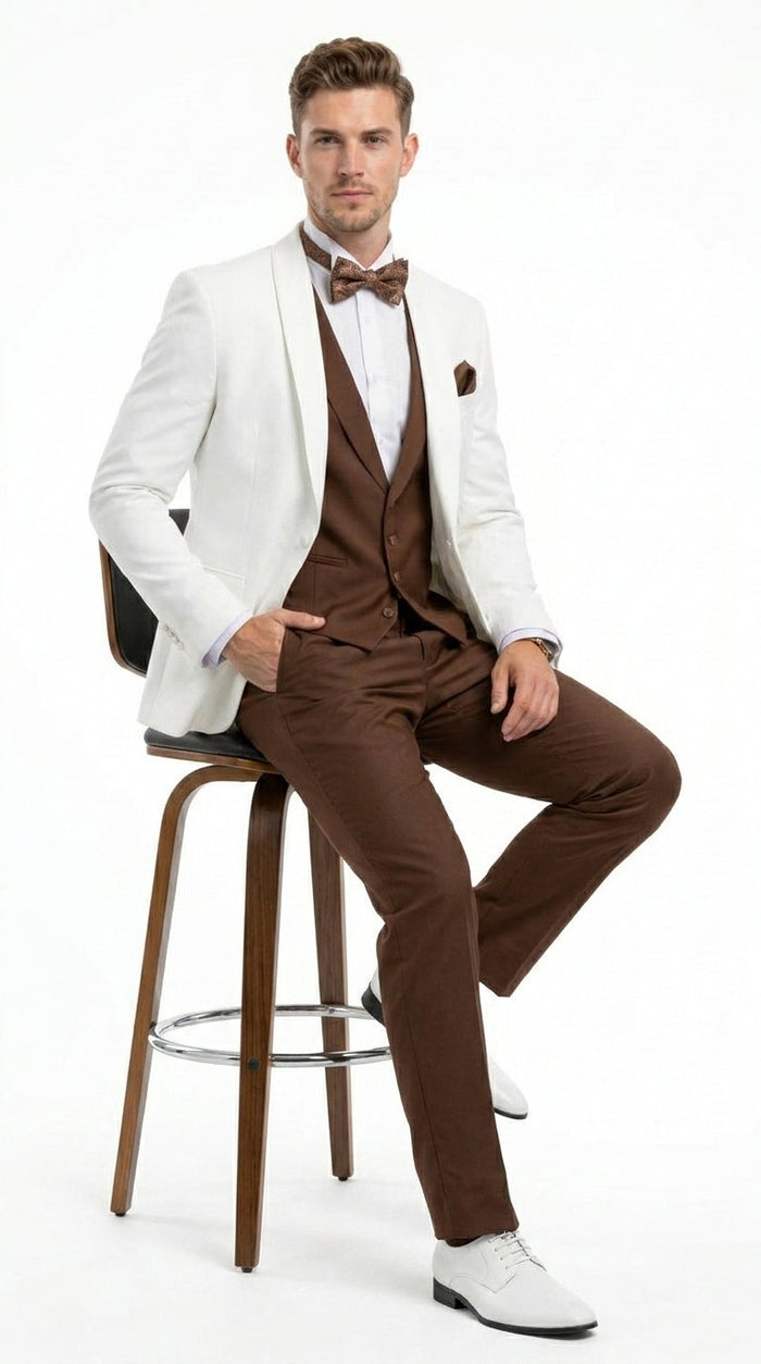 Men’s Ivory and Brown 3 Piece Suit – Elegant White Blazer with Brown Vest and Trousers for Wedding, Prom and Formal Events in off White Cream + Bowtie