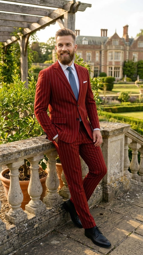 Men's red pinstripe suit with a vested design. Features a two-button closure, tailored fit, vertical pinstripes, and side pockets. Paired with a white shirt and blue tie. Slim-cut trousers.
