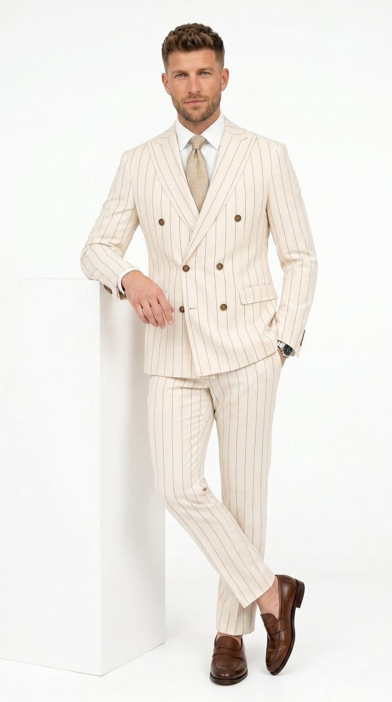 Men’s Cream Off White Pinstripe Linen Pinstripe 2 Piece Double Breasted Suit, Summer Wedding Ivory Color By Vitali