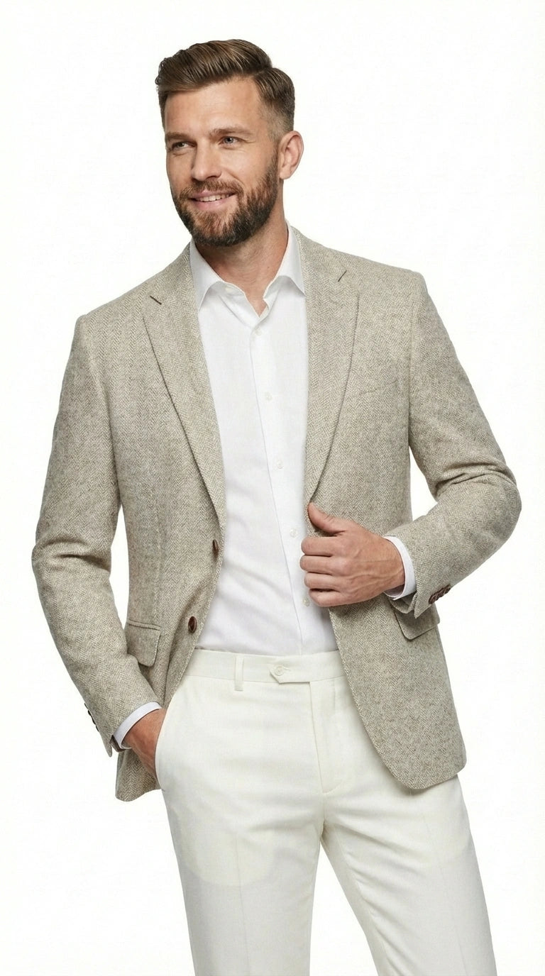 Men’s Light Tan Tweed Blazer – Classic Herringbone Sport Coat, Beige Casual Formal Jacket, Vintage Style Business & Smart Casual Wear