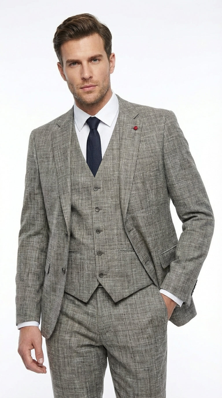 Vitali Brand Men’s Grey Textured Patterned 3 Piece Suit – Modern Fit Checkered Sharkskin with Blazer, Vest & Trousers, Business Wedding