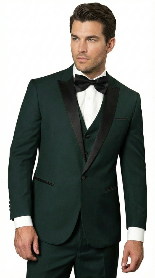 Men’s Hunter Green Tuxedo Suit 3 Piece – One Button Peak Lapel Designer Formal Suit for Wedding,  Light Weight Wool By Statement Dark Green