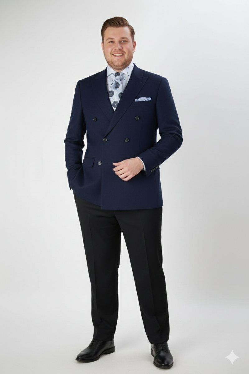 Navy double-breasted men's blazer. Structured fabric, tailored fit. Features two rows of buttons, peaked lapels, and side pockets.
