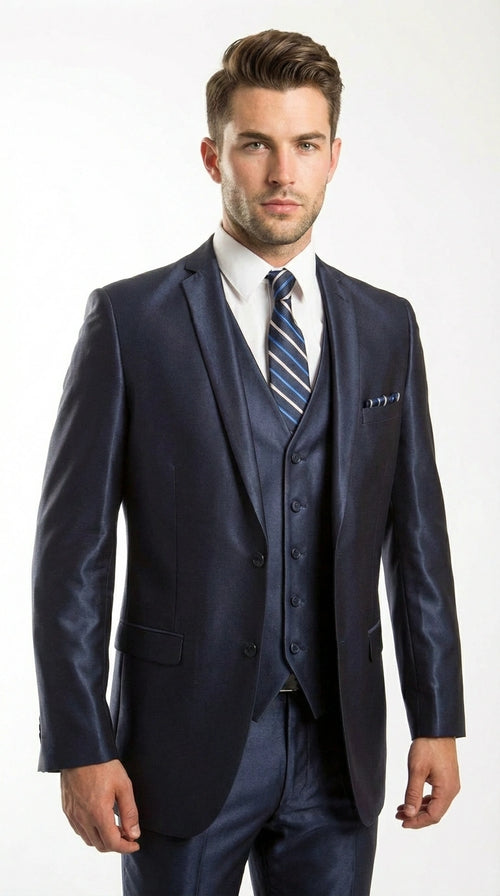 Men’s Navy Blue Sharkskin 3 Piece Suit – Two Button Vested Shiny Formal Suit for Wedding, Prom, Business and Party Wear