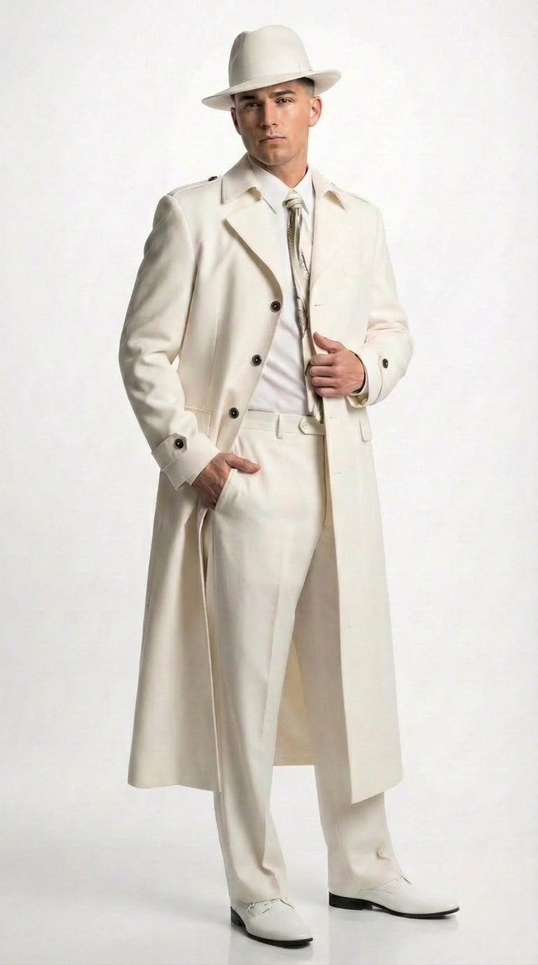 Men’s Ivory Cream Off White  Full Length Zoot Suit – Vintage Gangster Style Long Coat Formal Suit