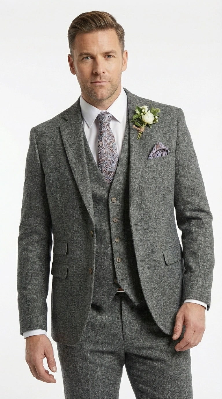 Men’s Peaky Blinder Light Grey Tweed Suit with Vest – Classic Three Piece Formal Suit, Vintage Wedding Business Outfit
