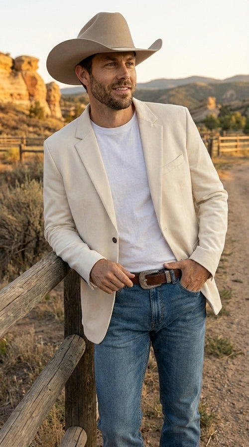 Men’s Off White Casual Blazer – Classic Western Style Lightweight Summer Cowboy Jacket Casual Ivory Cream Color