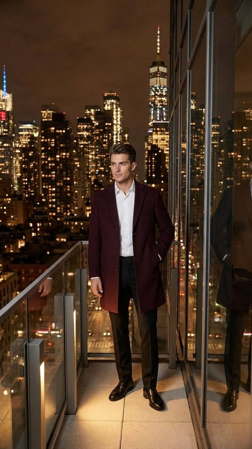 Alberto Nardoni men's burgundy overcoat. Mid-length, tailored silhouette with a single-breasted front and side pockets. Smooth, rich burgundy fabric, knee-length.
