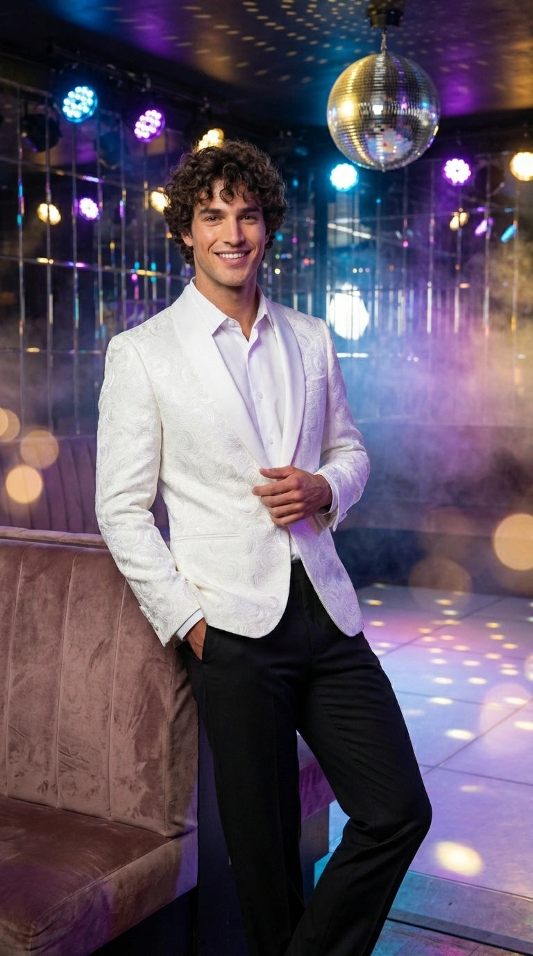 Men’s White Paisley Disco Blazer 1980s Style Jacket – Shawl Lapel Formal Party Blazer, Elegant Masquerade Club Wear, Stylish Evening Outfit