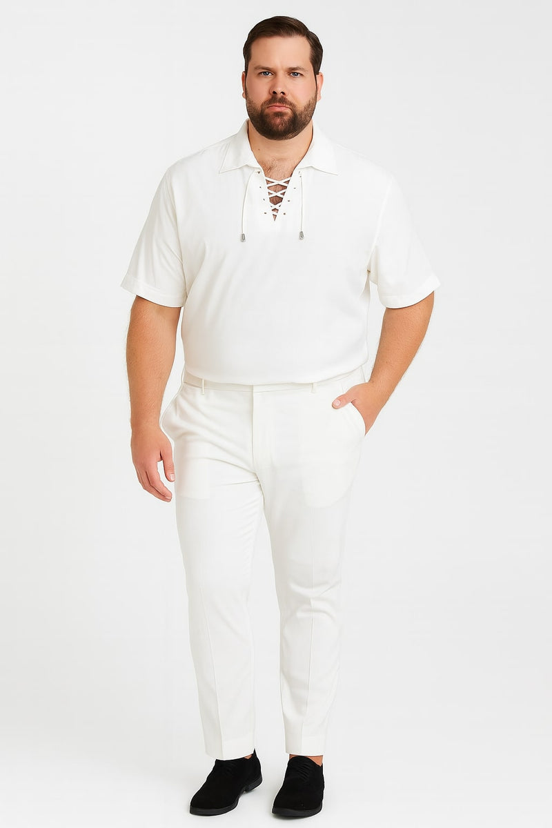 Men's white Renaissance shirt: short-sleeve, linen, lace-up front, collar, and relaxed fit. Perfect for casual wear.

