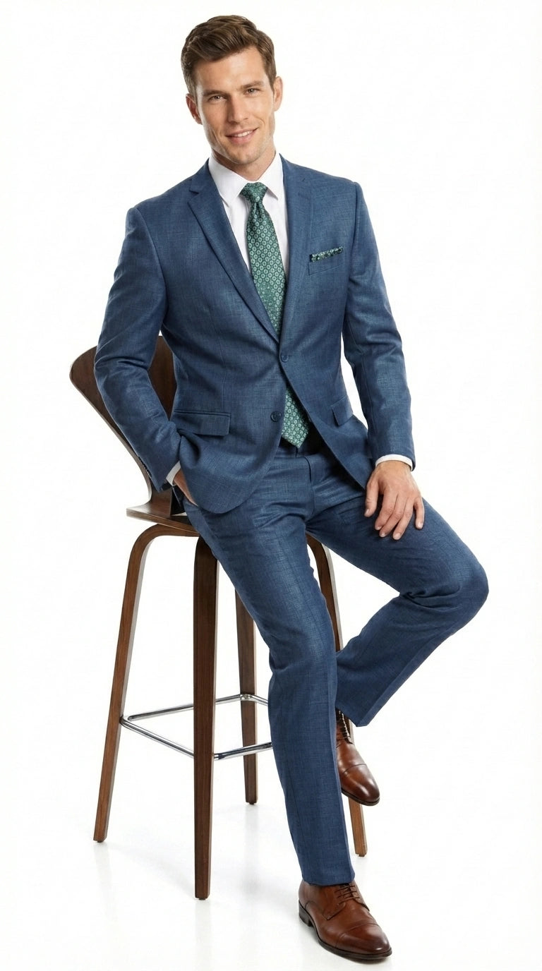 Men’s Indigo Blue Sharkskin Suit – Textured Shiny Formal Suit for Wedding, Business, 2 Buttons Slim Fitted