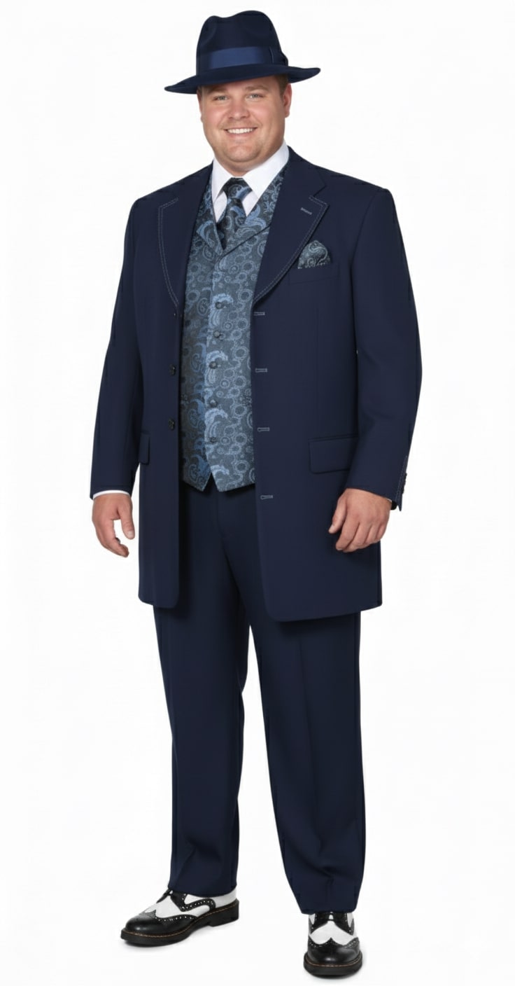 Men's vintage 1920s navy blue zoot suit. Long, structured jacket with notched lapel & 5 buttons. Pleated pants. Includes a patterned vest and is accessorized with a fedora and two-tone shoes.