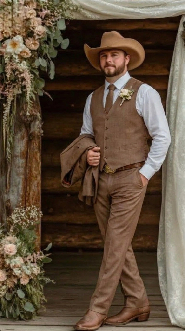Men’s Light Brown Western 3 Piece Suit – Classic Country Style Blazer Vest Pants Set, Formal Cowboy Suit Toast