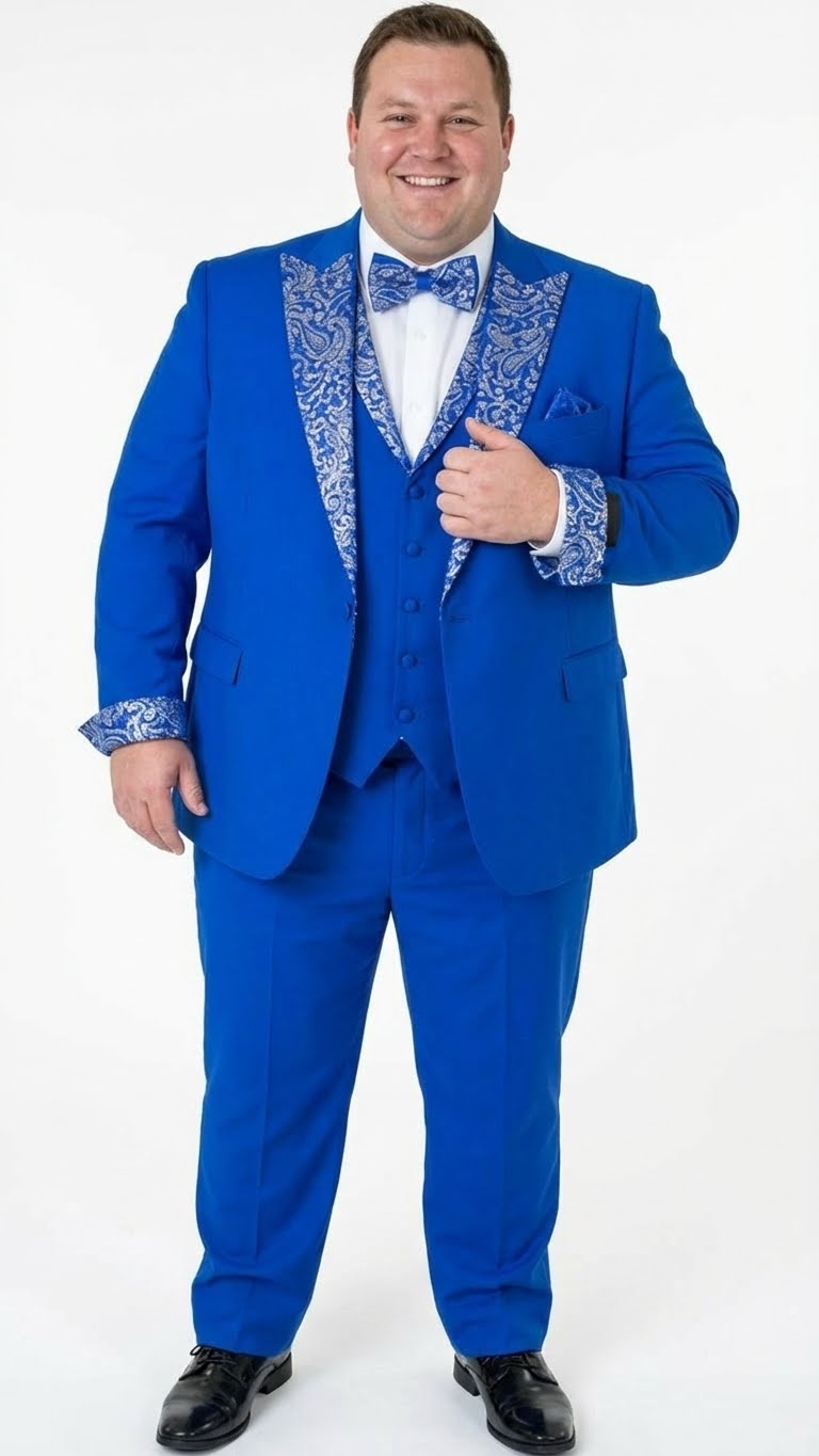 Royal blue tuxedo suit with embellished lapel, white paisley, and matching bow tie. Single-breasted design includes a vest. Stylish and eye-catching.
