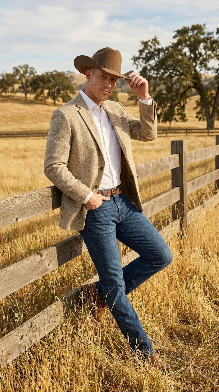 Men’s Light Tan Sand Tweed Cowboy Blazer – Country Style Western Jacket for Casual, Ranch, Saco Para Vaquero