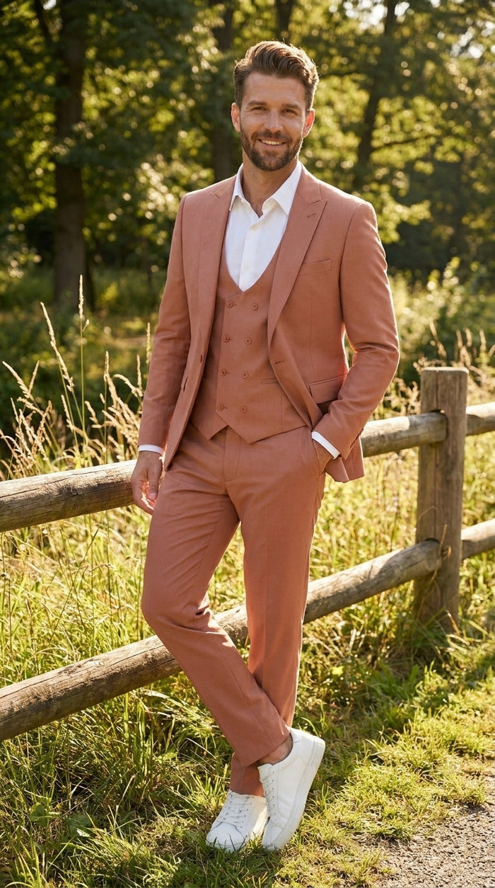 Men’s Peach Light Brown 3 Piece Suit – Wedding & Prom Formal Suit Set, Blazer Pants Double breasted vest
