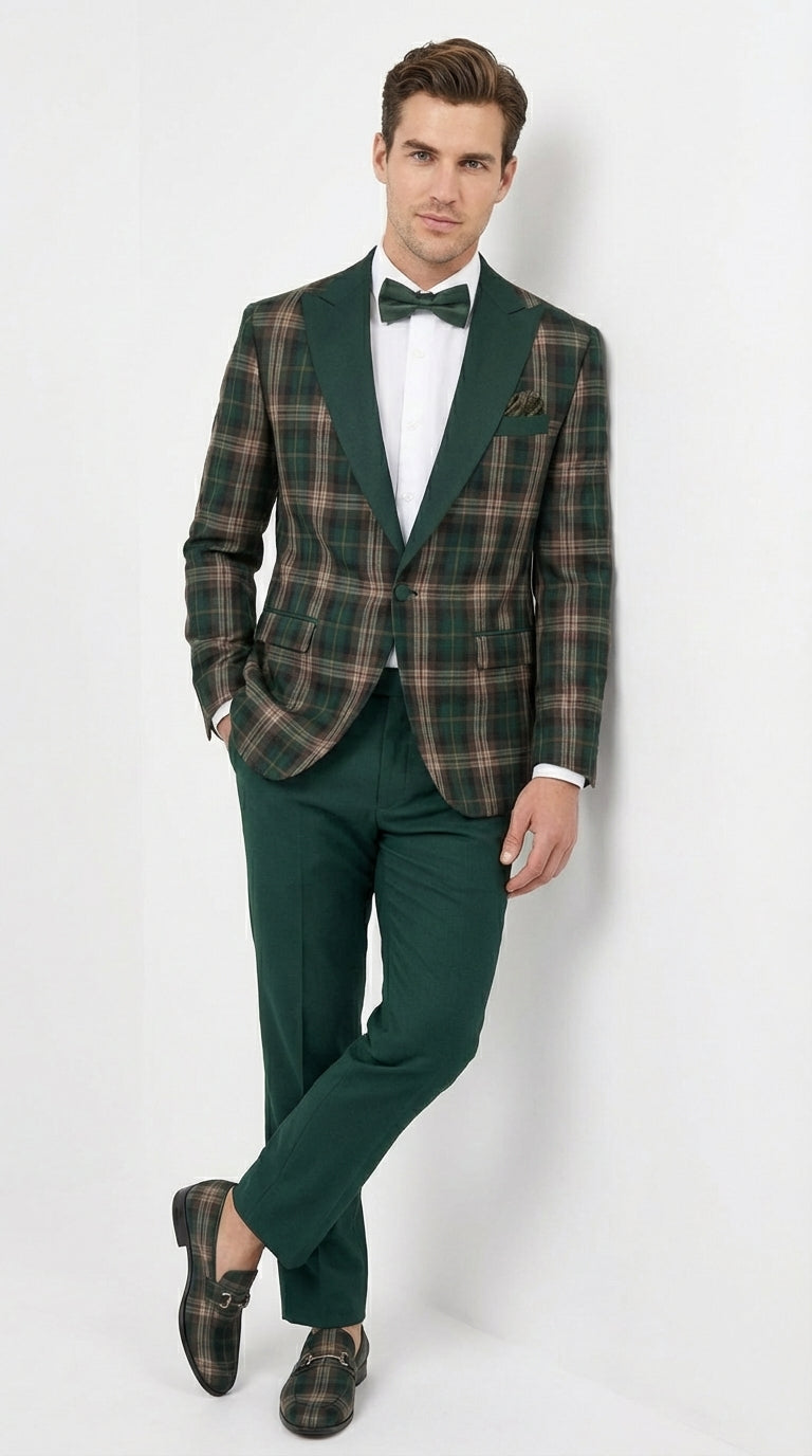 Mens Tartan Green and Brown Blue Plaid Tuxedo Dinner Jacket Set – Checkered Prom Blazer with Dark Green Pants Formal Wedding Party Wear