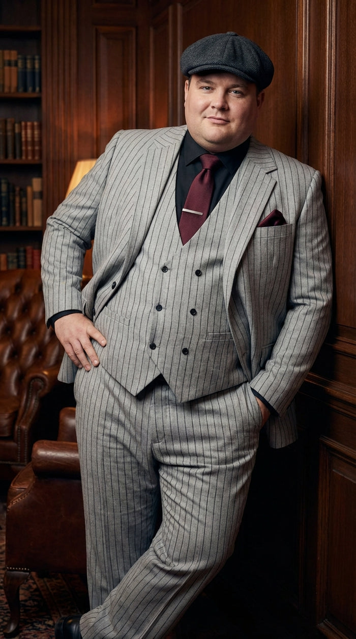Men's Light Gray Pinstripe 3 Piece Suit – Peaky Blinders Inspired Vintage Gangster Style Formal Suit