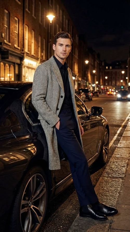 Alberto Nardoni men's grey herringbone overcoat. Tailored fit, knee-length, notched collar, button closure. Textured wool blend with subtle grey tone variations.
