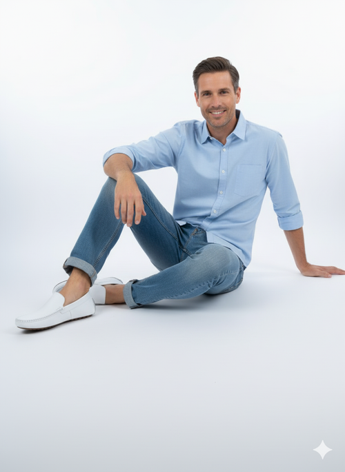 Men's white leather loafers. Classic slip-on with rounded toe and minimal stitching. Flat sole with slight rubberized texture for grip.
