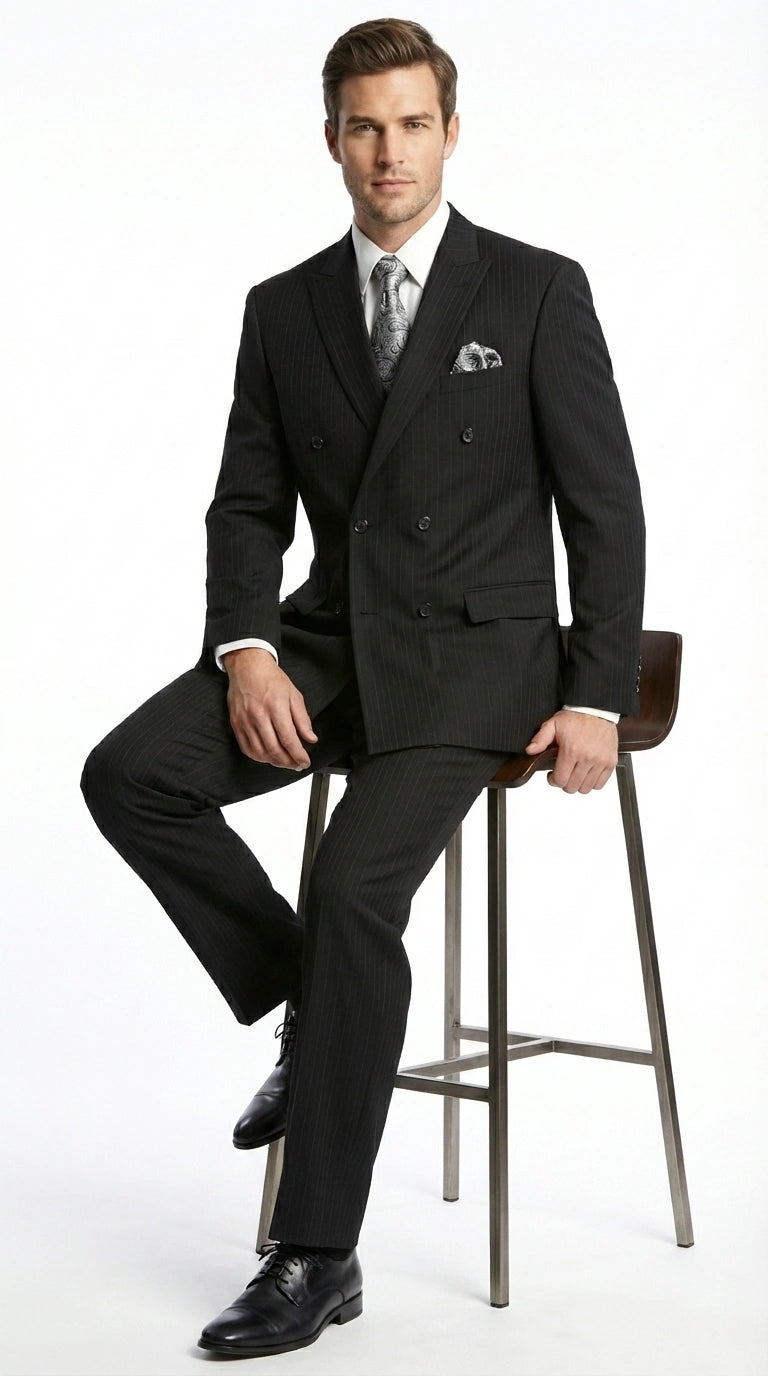 Men’s Black Pinstripe Double Breasted Suit – Peak Lapel Classic Fit Formal Business Conservative settle stripe