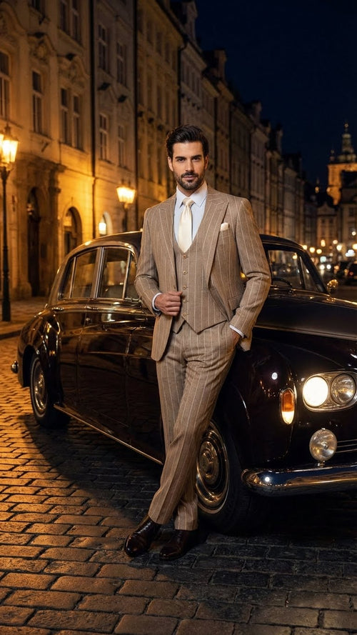 Men's beige pinstripe three-piece suit: tailored fit, double-breasted vest, single-breasted jacket, matching trousers. Woven fabric with fine beige stripes on a light tan background. Notched lapels, straight-leg trousers.
