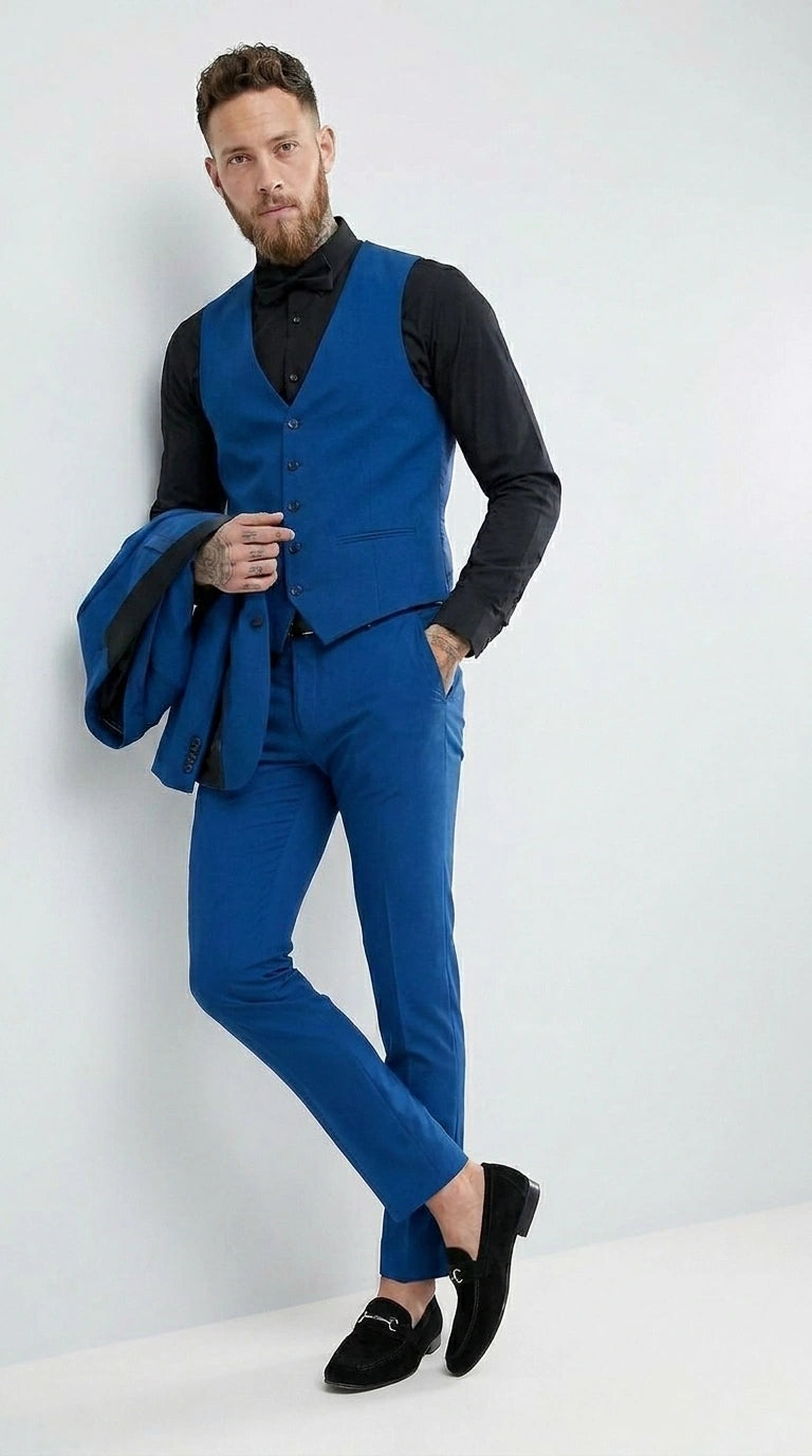 Men’s Royal Blue 3 Piece Suit with Black Lapel – Modern Formal Suit for Wedding, Prom and Party Wear