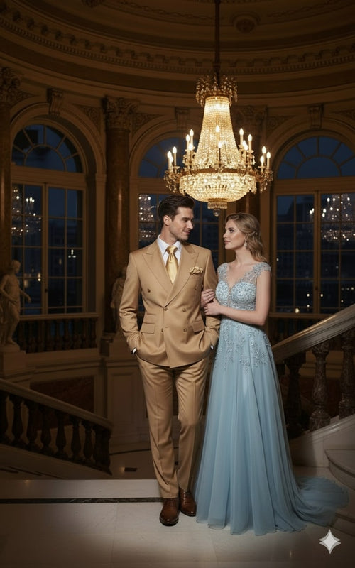 Mens Camel - Bronze - Goldish khaki Double-Breasted Suit – Luxury 2-Piece Formal Set with Gold Buttons and Peak Lapels by Rossi Man