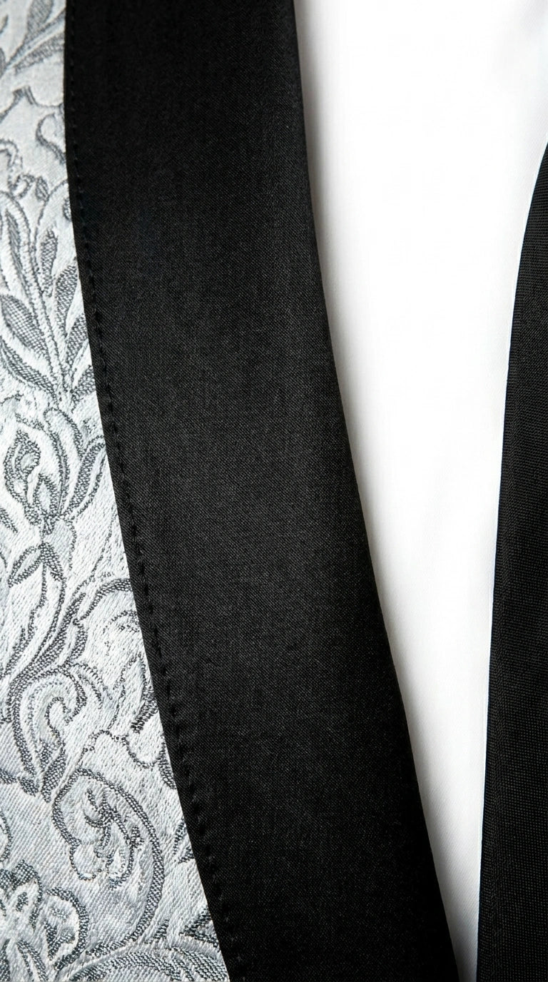 Men’s Silver and Black Floral Blazer – Elegant Formal Tuxedo Style Blazer Jacket for Wedding, Party, Prom and Evening Wear