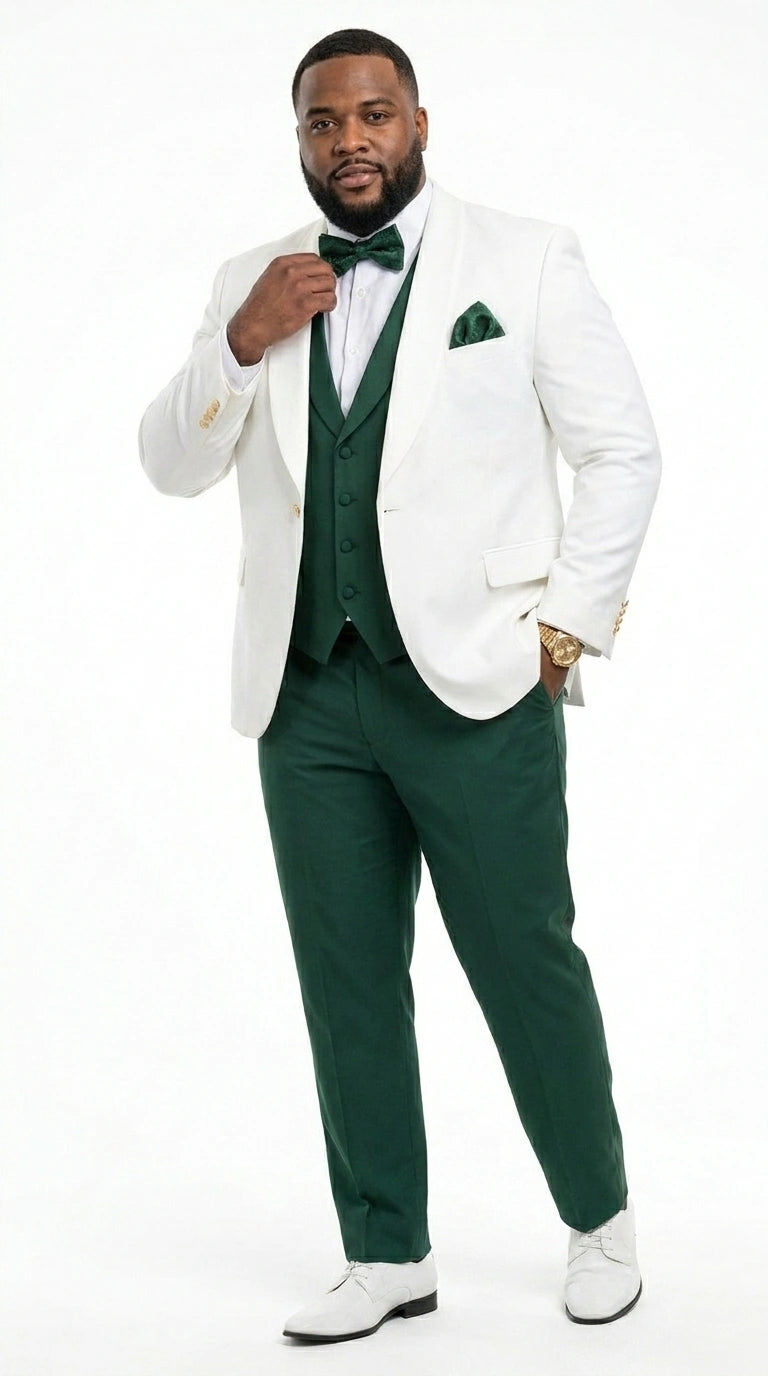 Men’s White and Hunter Green 3 Piece Suit – Elegant Formal Suit with Vest, Wedding Tuxedo Suit for Prom and Party Wear