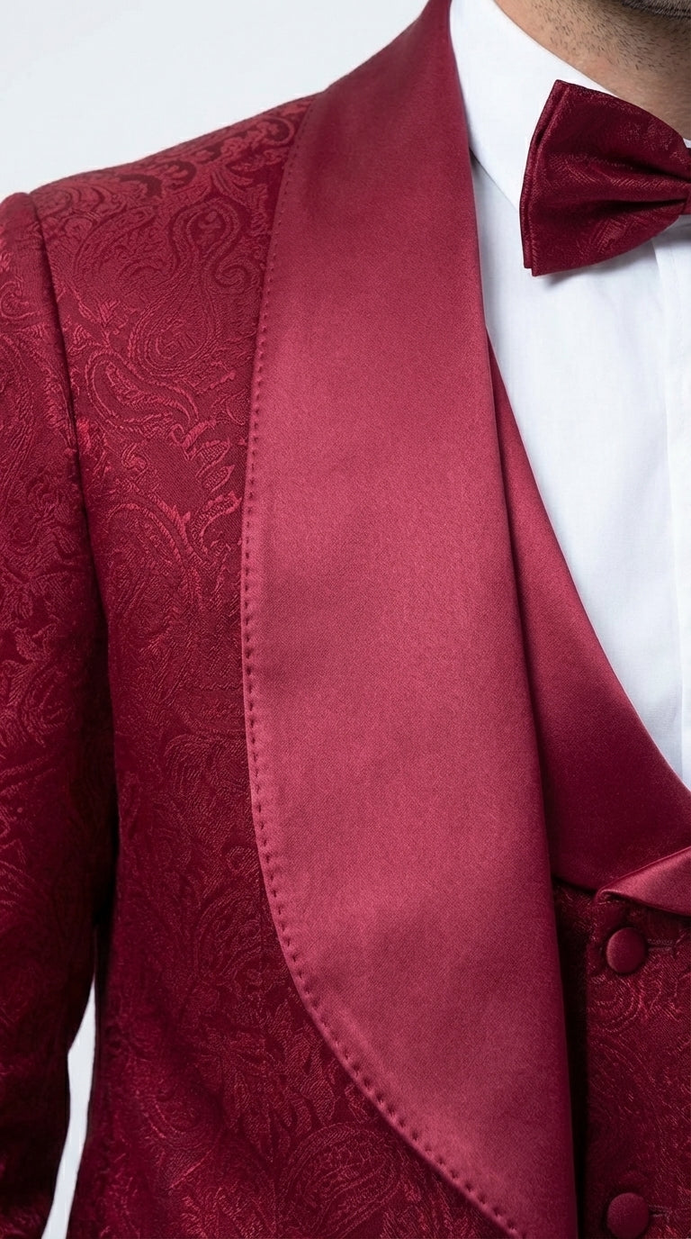 Mens Burgundy Wedding Tuxedo Suit – Paisley Three Piece Formal Suit Set with Shawl Lapel for Groom, Prom