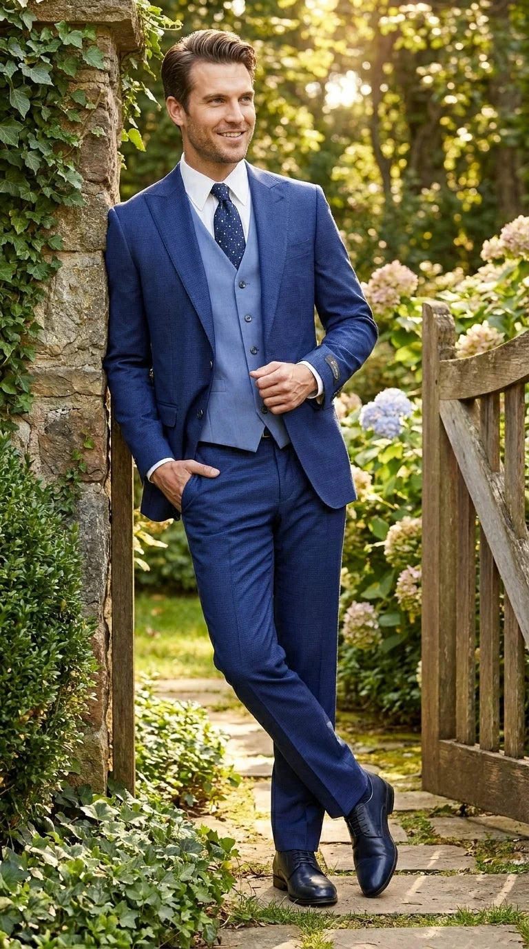 Vitalli Men’s Navy Blue 3 Piece Suit with Light Blue Vest, Textured Formal Dress Suit for Weddings, Prom, Business Events, and Parties