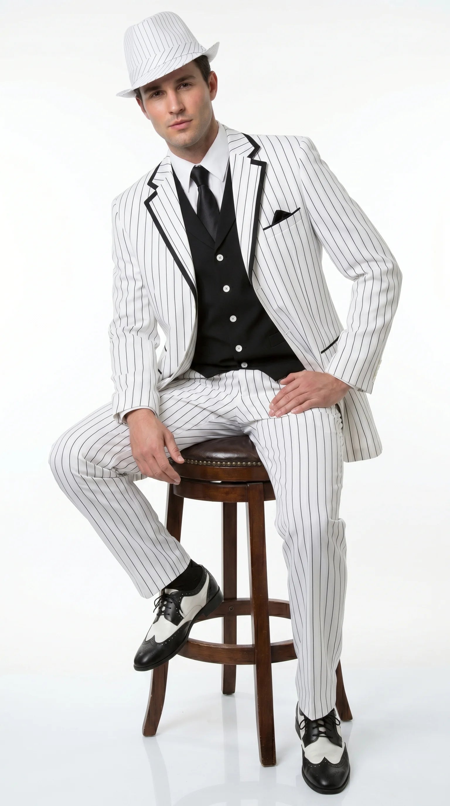 Men’s White Pinstripe 1920s Gangster 3 Piece Suit, Black Contrast Formal Costume Suit for Parties, Prom, Weddings, and Theme Events