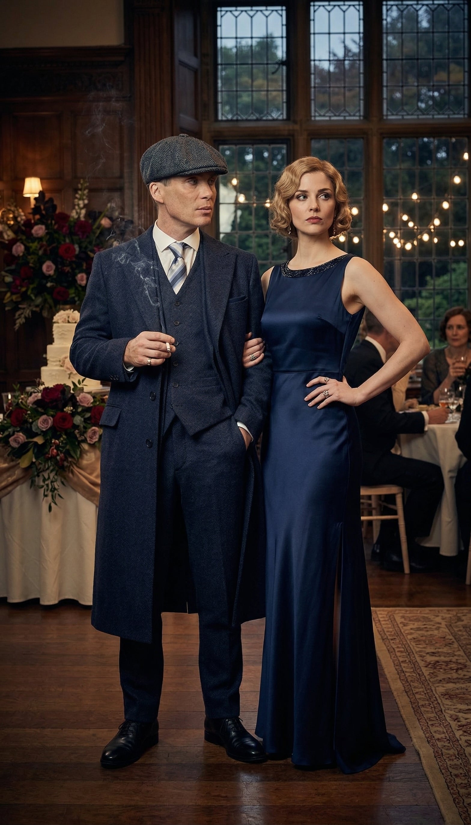 Men’s Navy Blue Herringbone Tweed  1920s 3 Piece Suit with Overcoat – Vintage Peaky Blinder Style Formal Suit Set with Blazer, Waistcoat + Overcoat + Hat