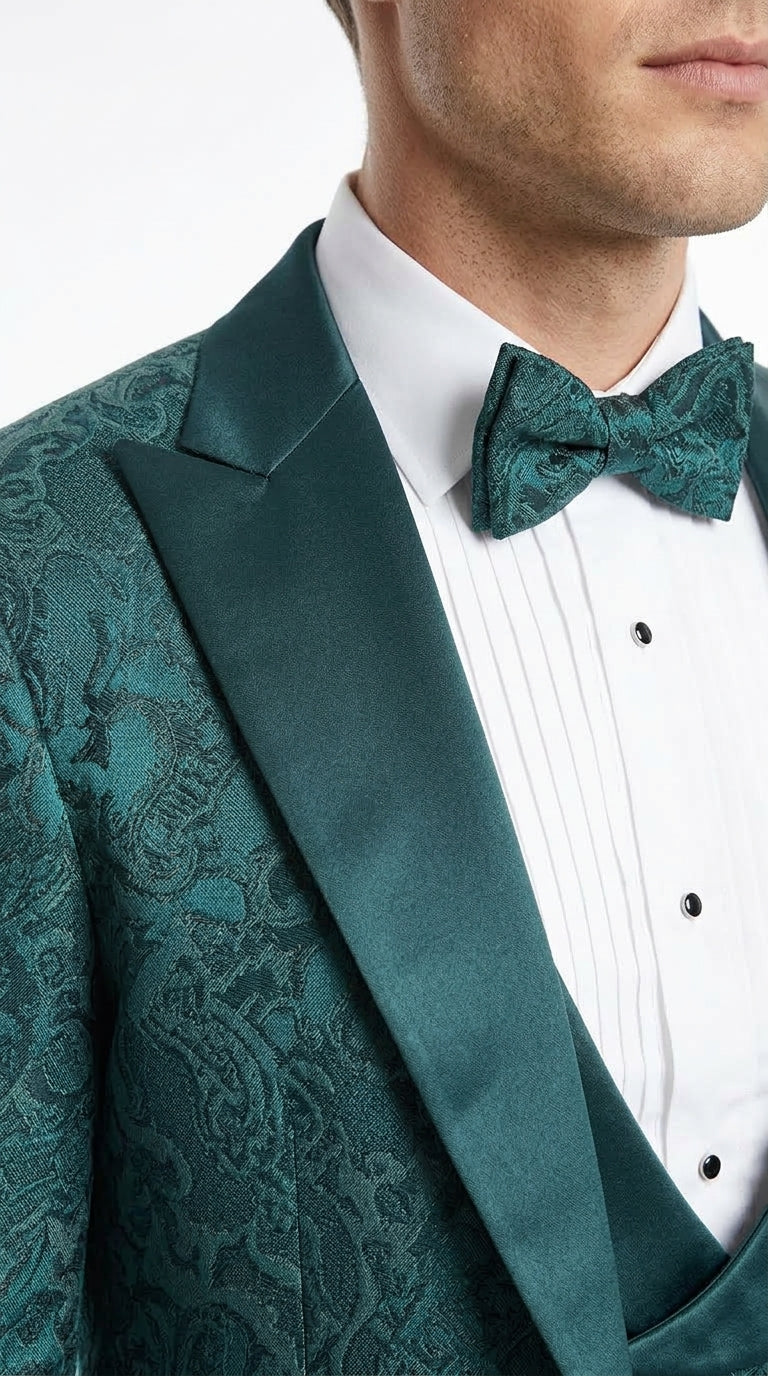 Men’s Hunter Green Paisley Tuxedo – 3 Piece Prom & Wedding Suit with Matching Bow Tie