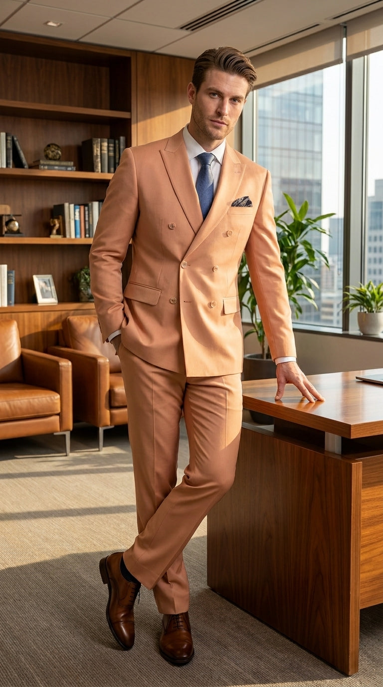 Men’s Peach Double Breasted Suit – Wedding & Prom Formal Suit Set, Classic Blazer and Pants Slim Fitted