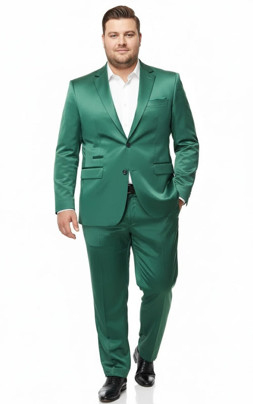 Emerald green men's slim fit sateen suit. Two-piece set: single-breasted blazer with notch lapel & pockets, plus straight-fit pants with belt loops. Shiny, smooth fabric.
