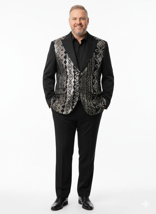 Mens Black and White and Silver Sequin Embroidered Blazer â€“ Luxury Designer Party Wear with Geometric Detailing