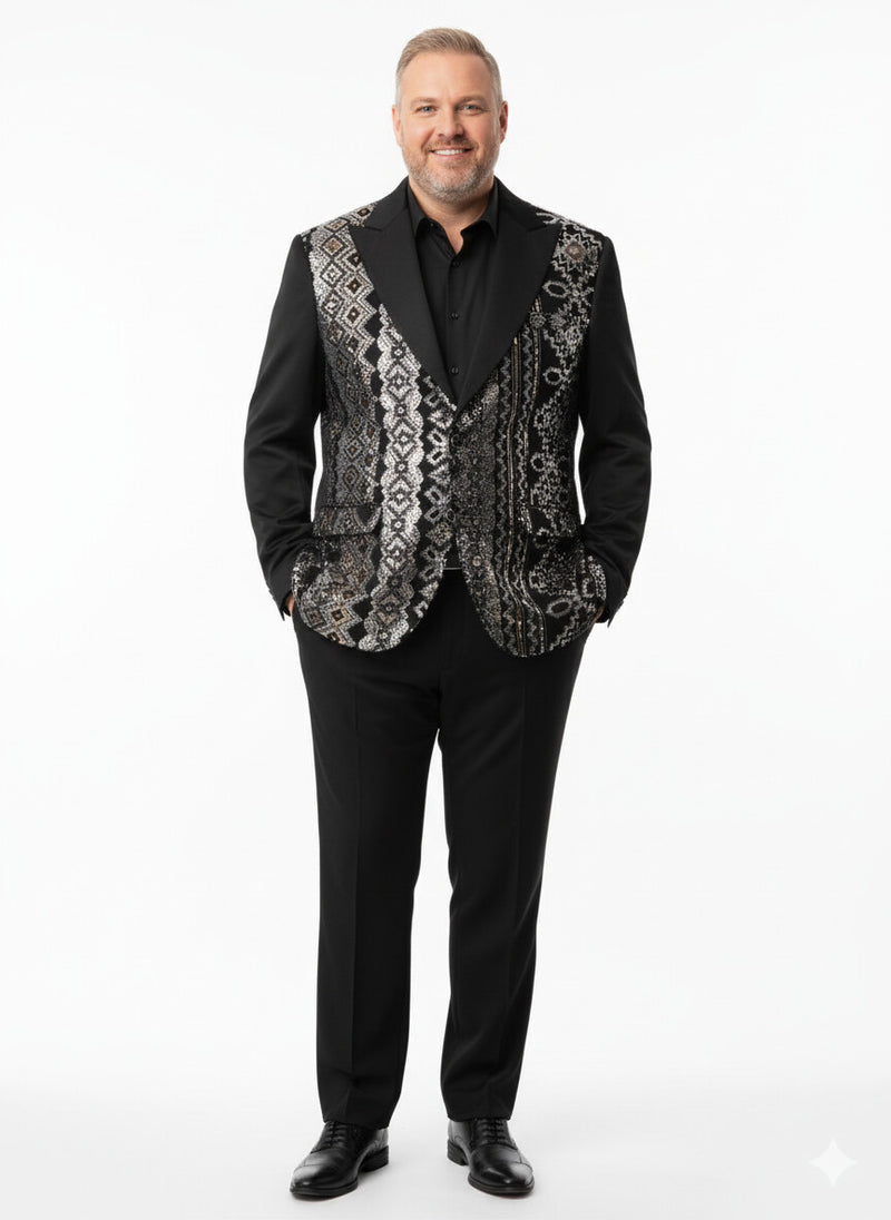 Mens Black and White and Silver Sequin Embroidered Blazer - Luxury Designer Party Wear with Geometric Detailing