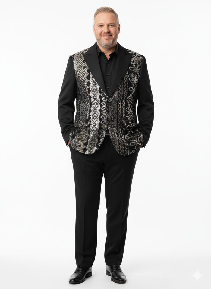 Mens Black and White and Silver Sequin Embroidered Blazer - Luxury Designer Party Wear with Geometric Detailing