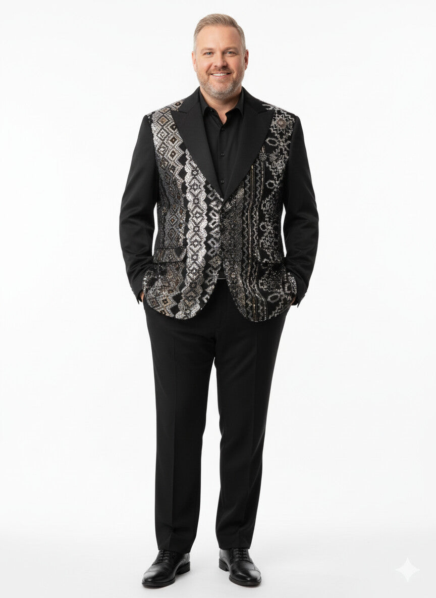 Mens Black and White and Silver Sequin Embroidered Blazer â€“ Luxury Designer Party Wear with Geometric Detailing