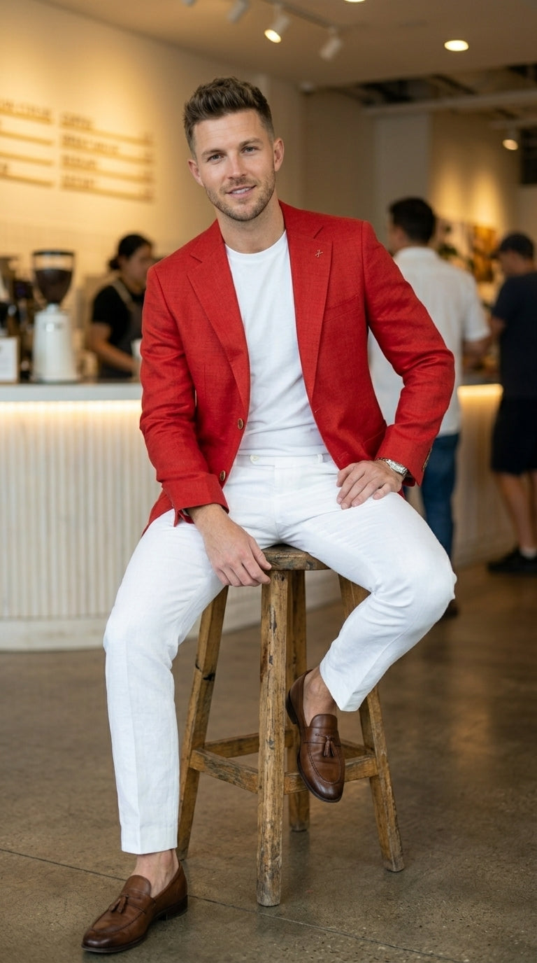 Men’s Red Linen Blazer, Lightweight Business Casual Wedding Sport Coat Jacket