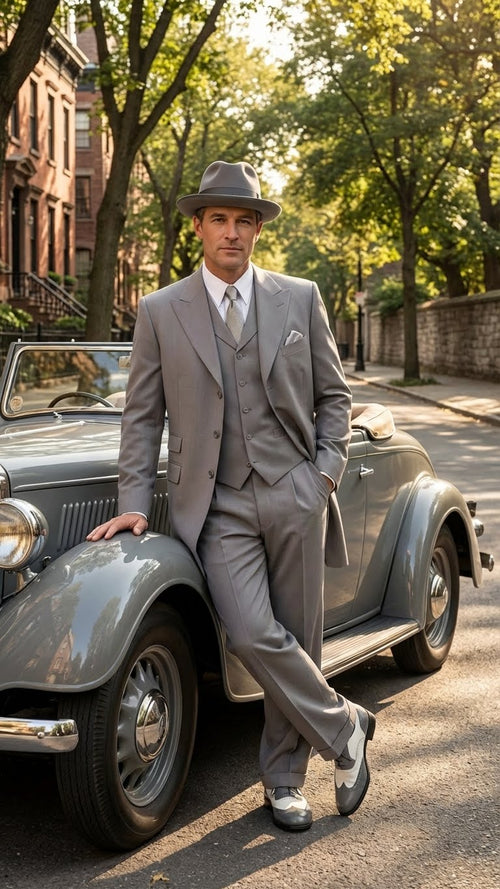 Men's gray zoot suit: fitted jacket, wide lapel, high-waisted, tapered trousers. Smooth fabric. Includes gray hat and two-tone 1920s wingtip shoes (gray/white).