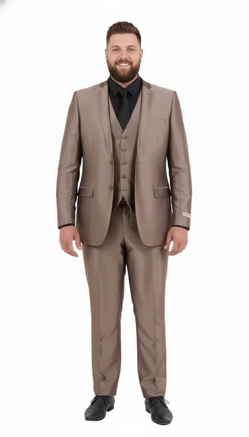 Men's metallic sateen suit in mocha, taupe, bronze. Three-piece: tailored jacket (notched lapel), vest (5-button), straight-leg trousers. Smooth, shiny, fitted silhouette.