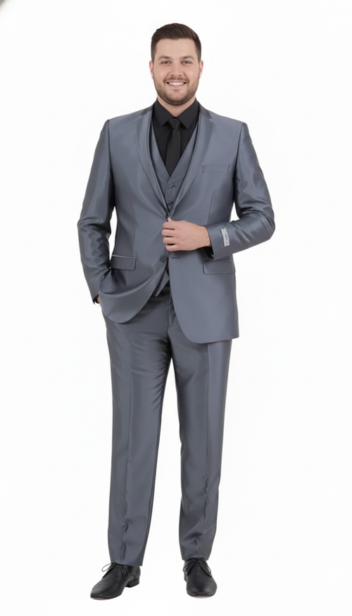 Men's dark grey shiny two-piece suit. Slim-fit jacket (single-breasted, notched lapel) and tailored straight-leg pants. Smooth texture. Includes a black shirt and black shoes.
