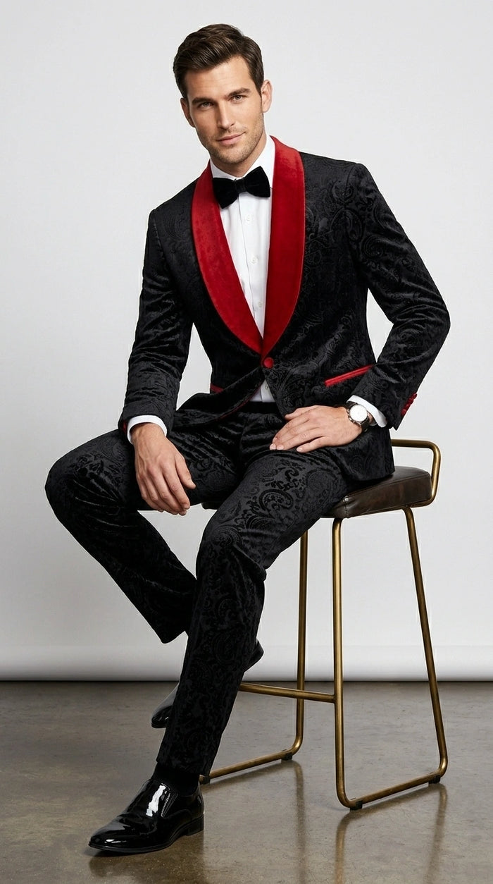 Men’s Black Paisley 2 Piece Suit with Red Shawl Lapel, Formal Wedding Prom Party Suit Set