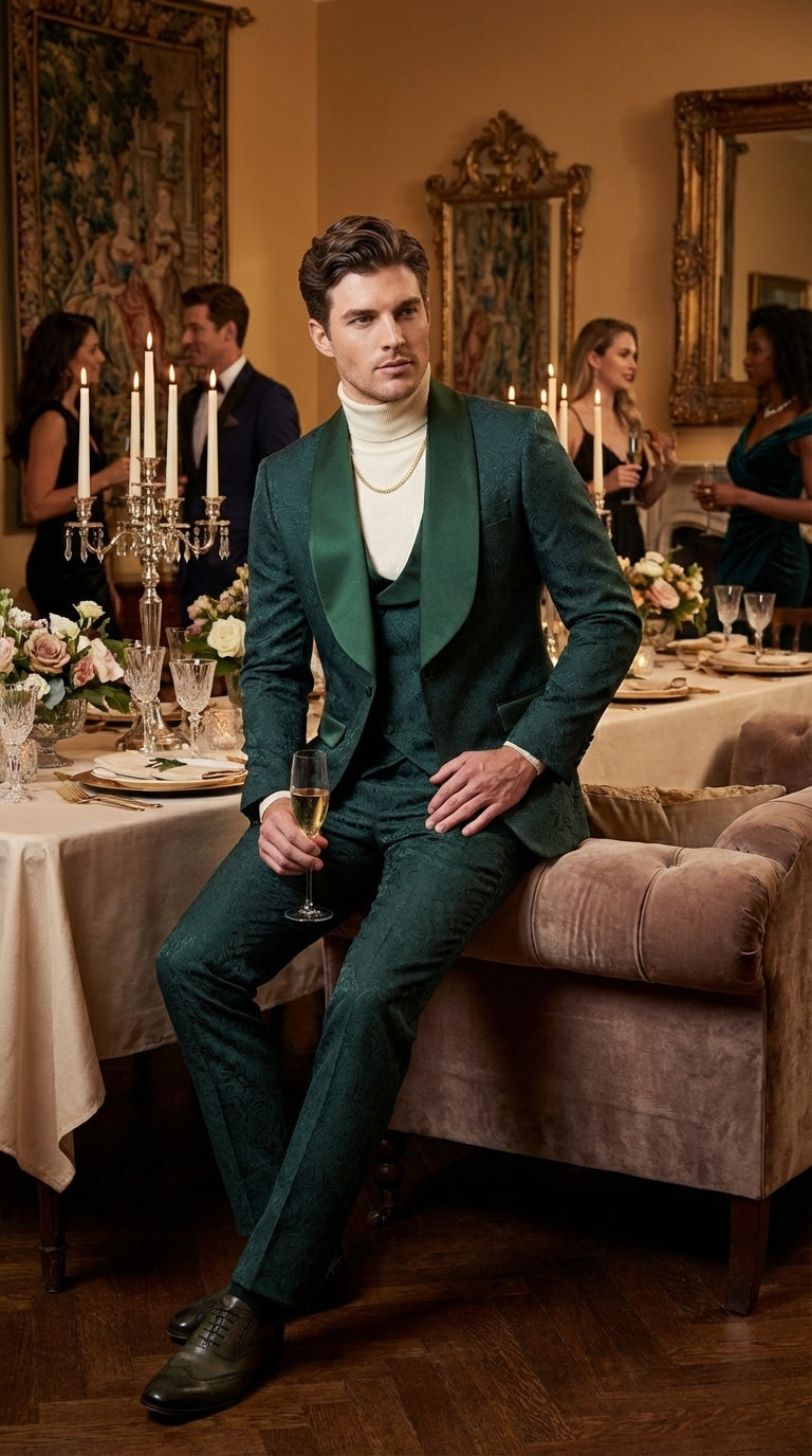 Mens Hunter Green Wedding Tuxedo Suit – Paisley Pattern Three Piece Formal Suit Set with Shawl Lapel for Groom, Prom in Emerald green